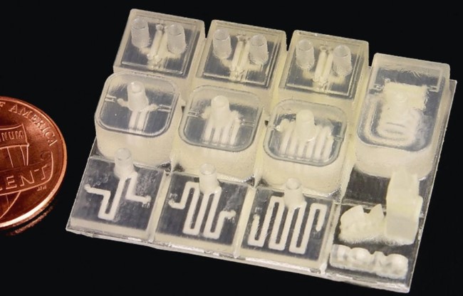 Elementi microelettronici stampati in 3D predisposti per alloggiare i circuiti integrati. (Foto: Nature.com)