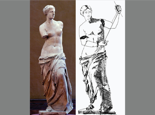 A sinistra, la Venere di Milo in originale; a destra, lo schizzo di Barber. (Immagine: Cosmo Wenman)